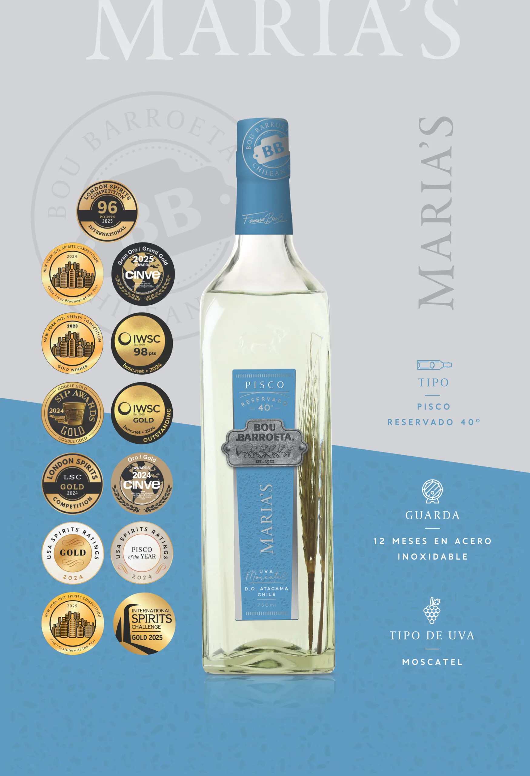 Bou Barroeta Maria´s | Gran Oro CINVE Mejor Pisco de Chile I 40°